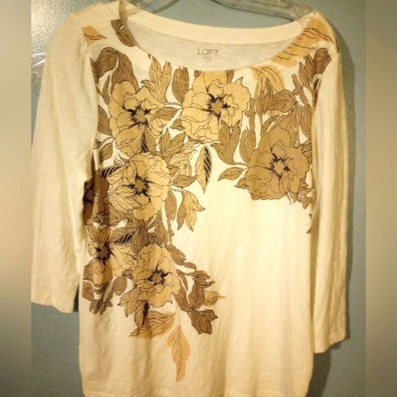 LOFT floral  print three quarter length sleeve white top large - Picture 2 of 9
